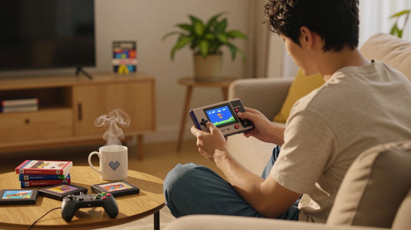 Pessoa jogando videogame portátil enquanto está sentada no sofá em sala de estar acolhedora.