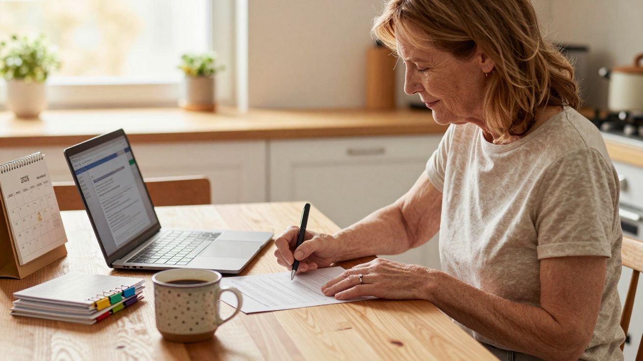 Mulher madura escrevendo em papel na cozinha, com notebook aberto e xícara de café na mesa.
