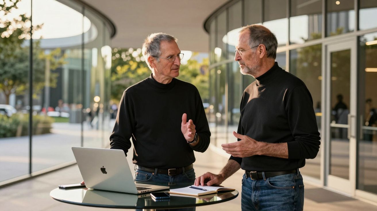 Dois homens conversam em pé ao redor de uma mesa com laptop e caderno em ambiente moderno e iluminado.