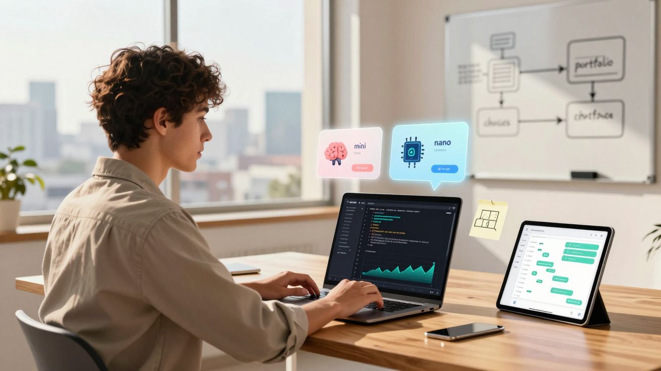 Pessoa programando em laptop com tablet ao lado mostrando gráficos e fluxos de trabalho na mesa de madeira.