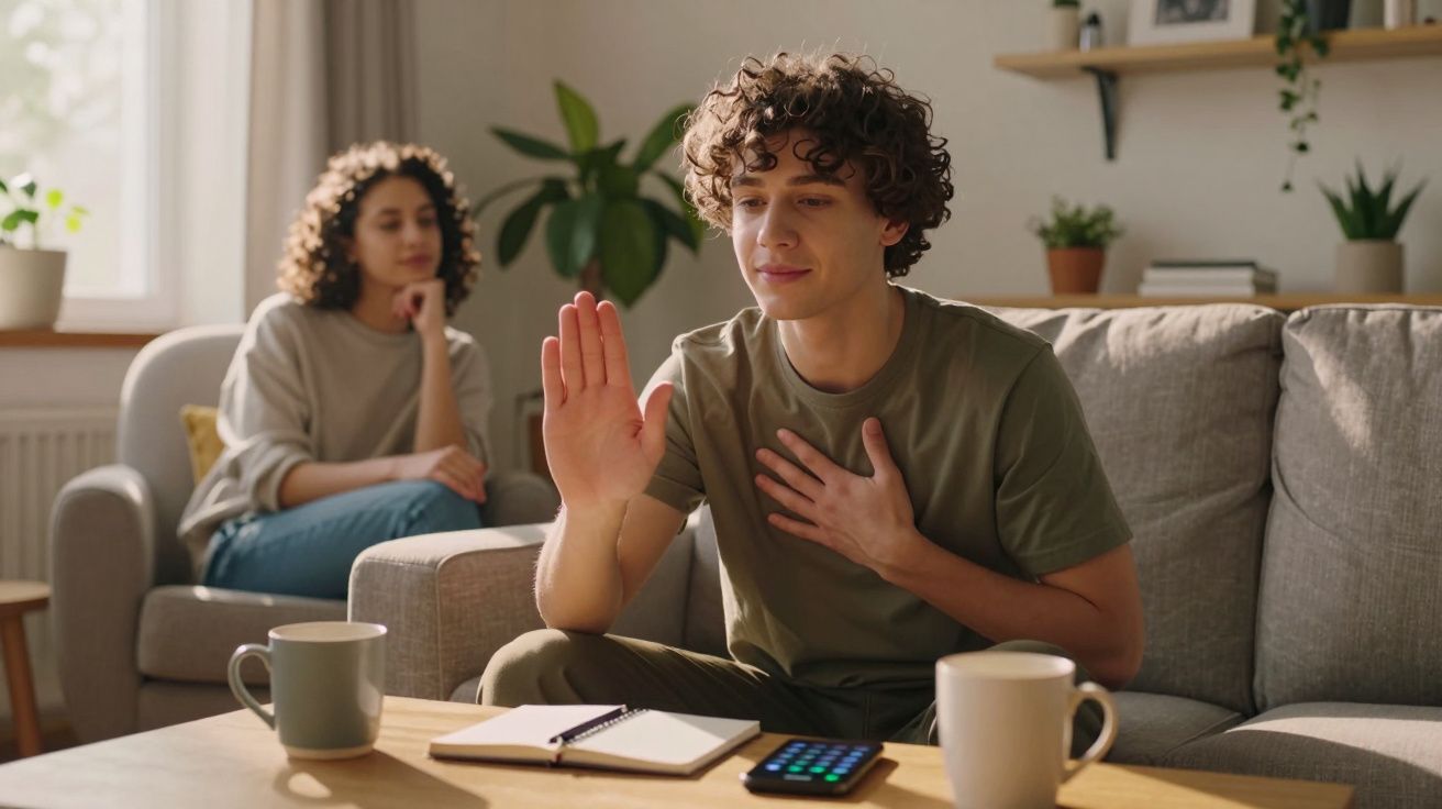 Jovem sentado no sofá fazendo vídeo chamada, mulher ao fundo observando, mesa com xícaras, caderno e celular.