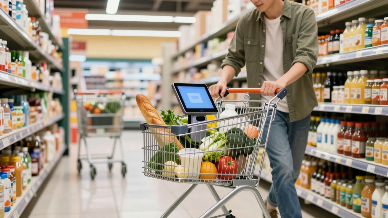 Pessoa empurrando carrinho de compras com alimentos frescos em corredor de supermercado.