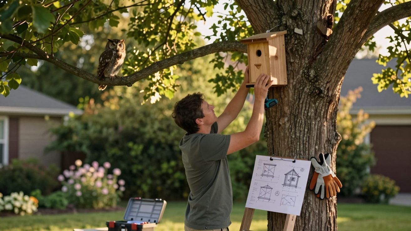 Homem instala uma casinha de passarinho em árvore, com coruja observando e planta de construção ao lado.