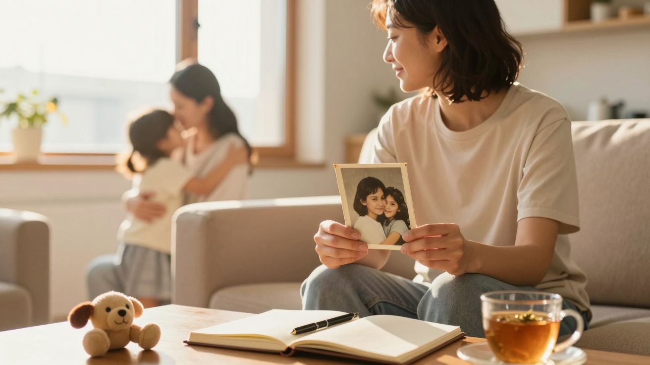 Mulher sentada segurando foto de duas crianças, com outra mulher e criança se abraçando ao fundo.