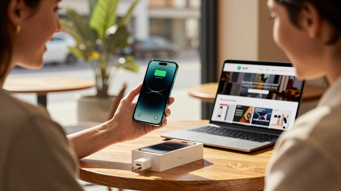 Duas pessoas em mesa com laptop, smartphone carregando sem fio sobre caixa e celular na mão mostrando bateria cheia.