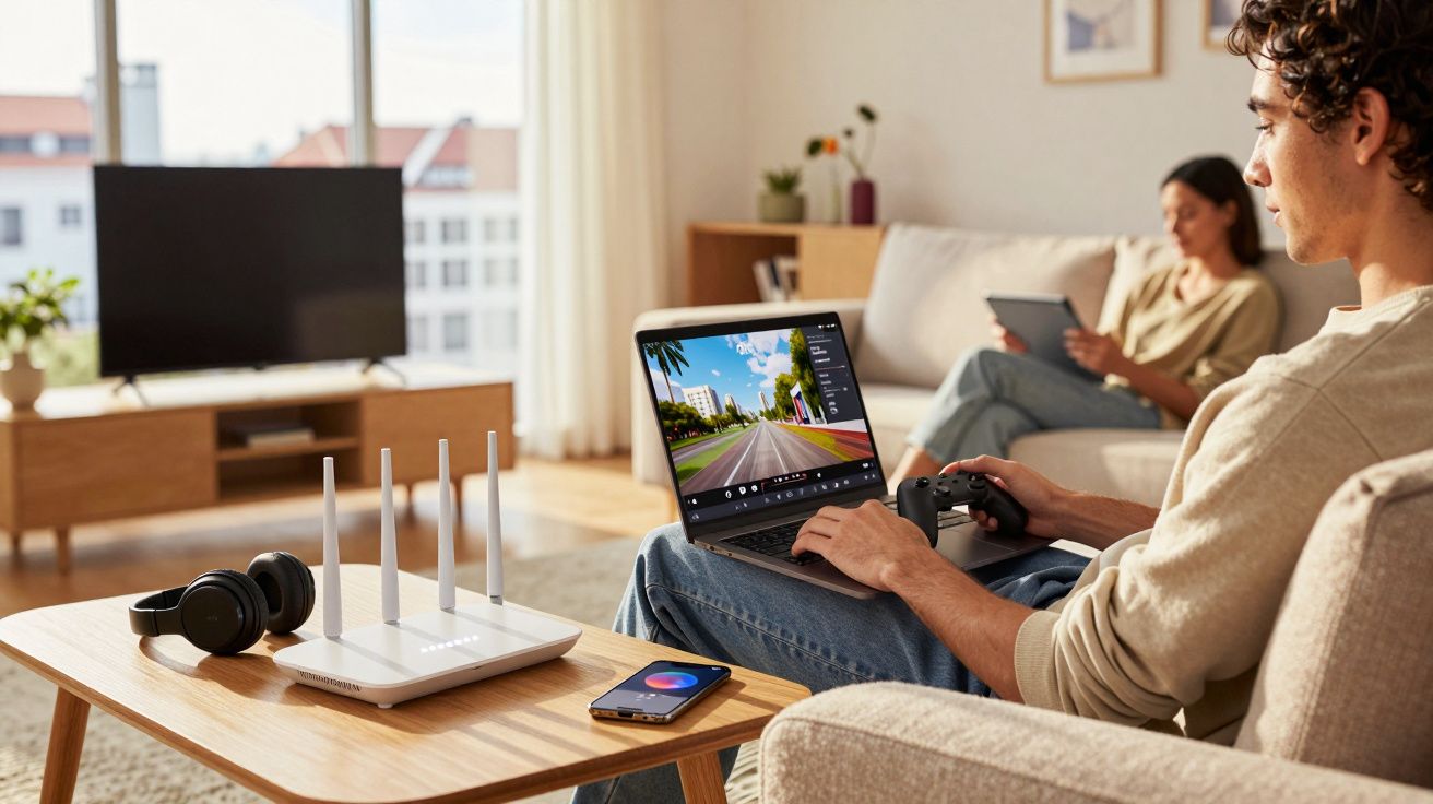 Pessoa joga videogame no laptop sentada no sofá, enquanto mulher usa tablet ao fundo em sala moderna.