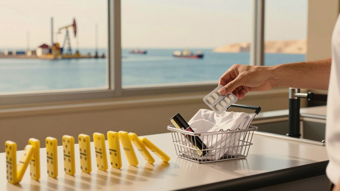 Mão segurando blister de remédios próximo a mini cesta e peças de dominó amarelas em linha.