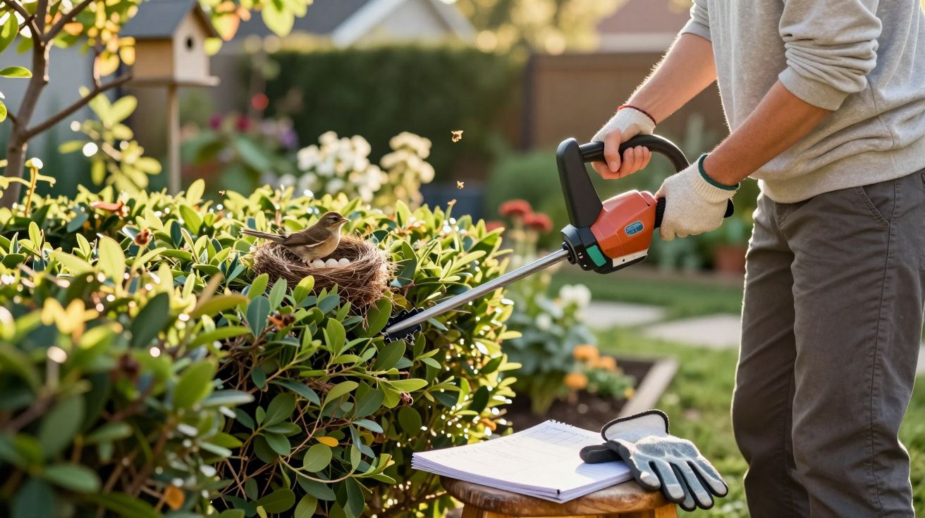 Pessoa podando arbusto próximo a ninho com pássaro, em jardim com flores e pássaros.
