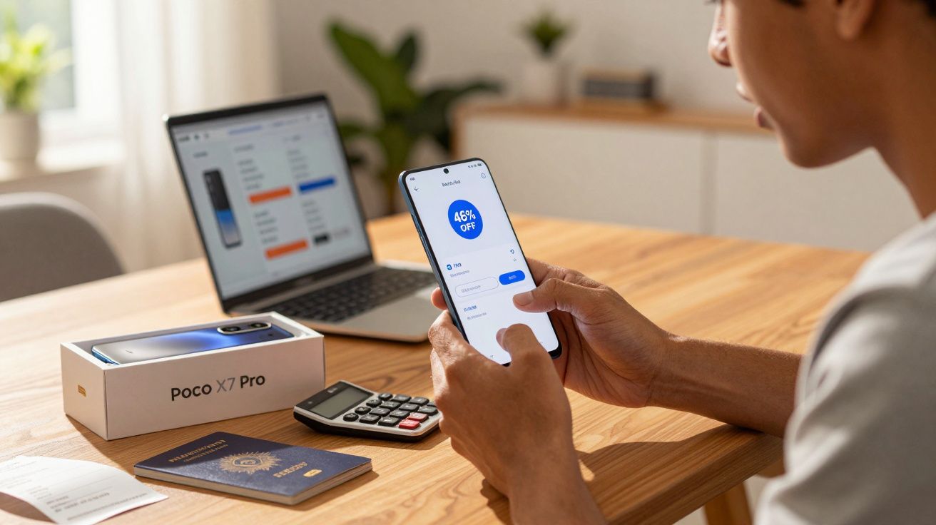 Pessoa verificando desconto no celular com caixa do Poco X7 Pro, calculadora e laptop ao fundo em mesa de madeira.