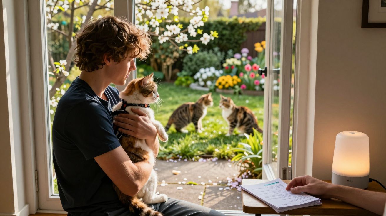 Jovem sentado à janela segurando gato, observando dois gatos no jardim florido sob luz natural suave.