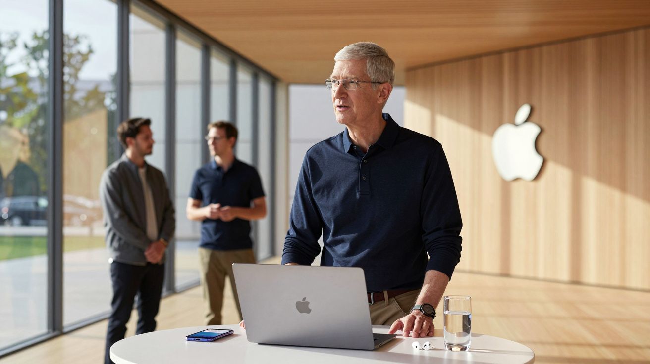 Homem em pé com laptop Apple em mesa branca, com dois homens conversando ao fundo em ambiente de escritório.