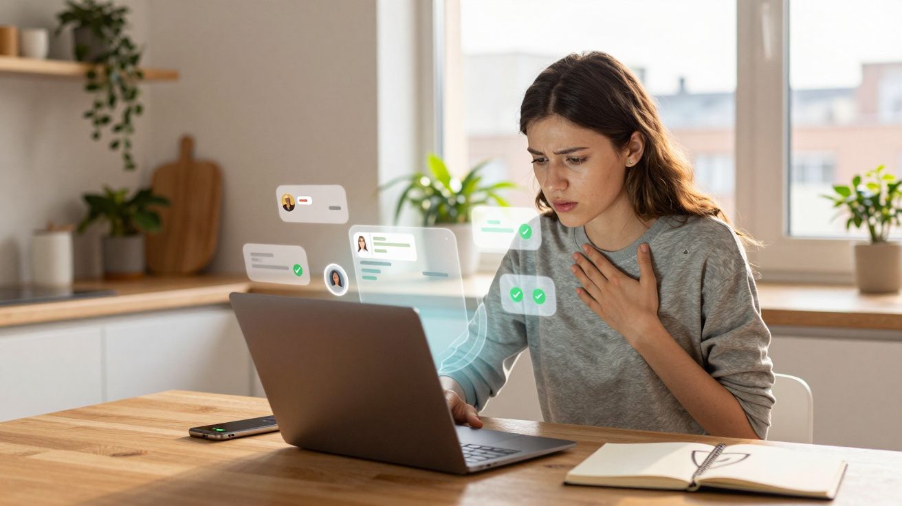 Jovem preocupada olhando para laptop com mensagens virtuais flutuando na cozinha iluminada.