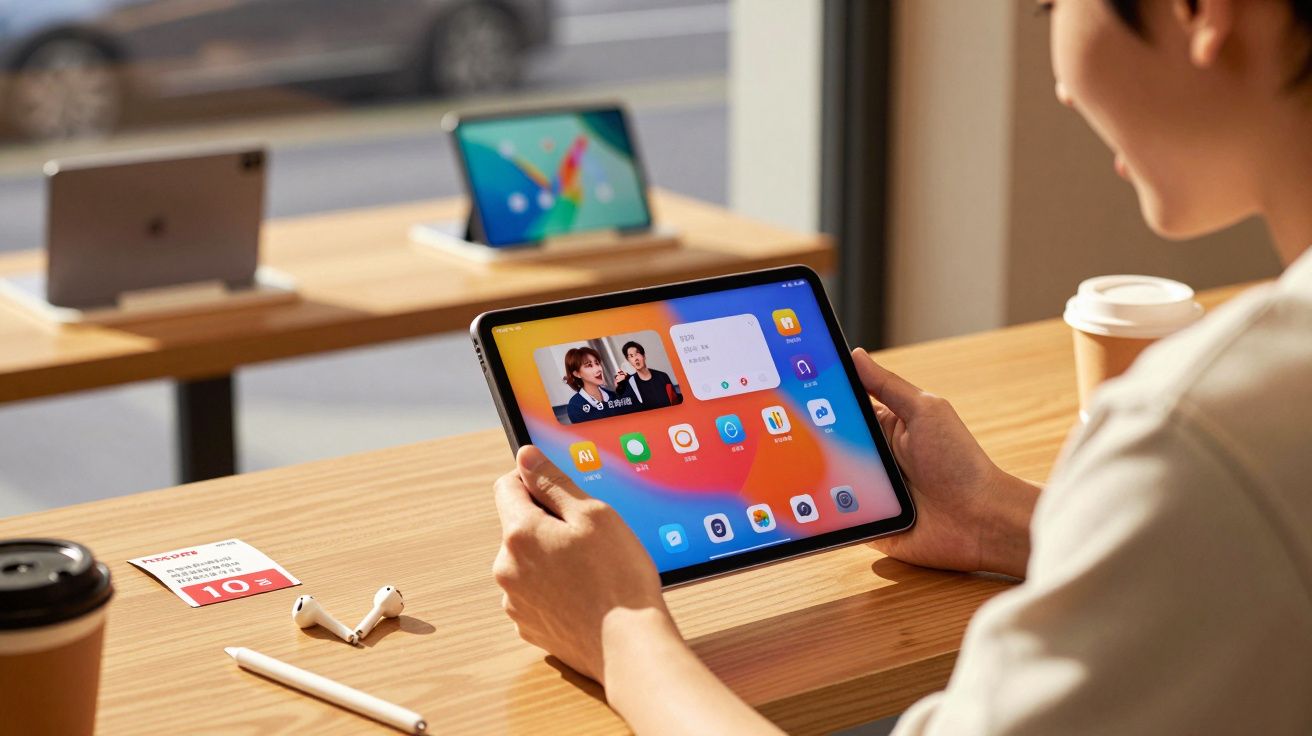 Pessoa usando tablet com tela colorida em mesa de madeira com acessórios eletrônicos e copo de café.