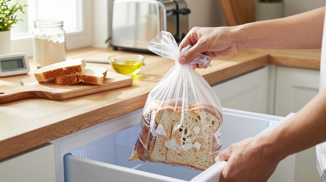 Pessoa colocando pão fatiado em saco plástico dentro do congelador na cozinha.