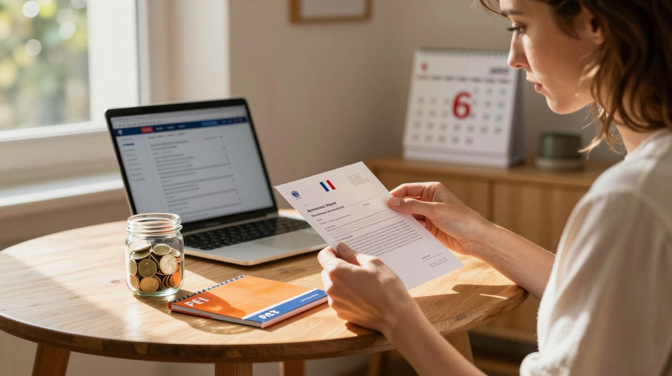 Mulher sentada à mesa com laptop, jarra com moedas e analisando documento de finanças.