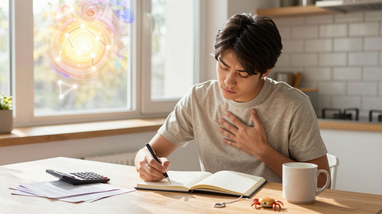 Jovem sentado à mesa escrevendo em caderno, com mão no peito, ao lado de calculadora e xícara branca.