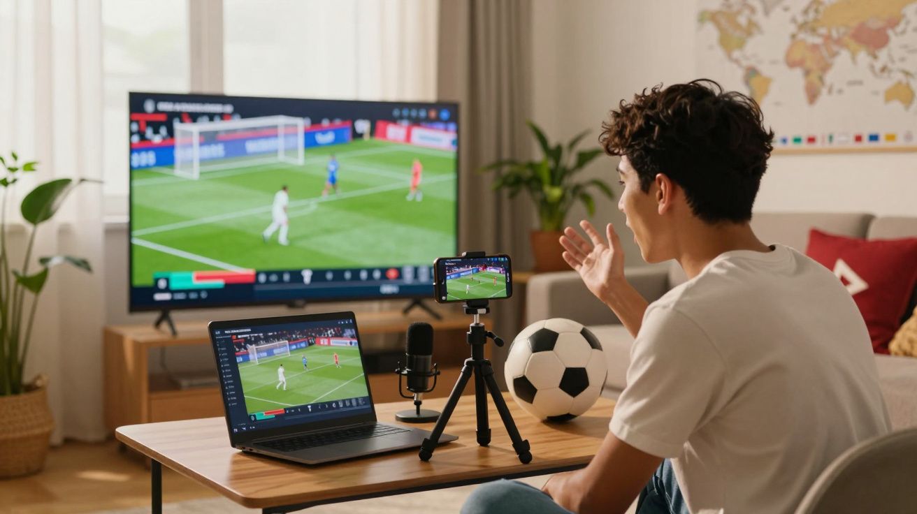 Jovem assistindo e transmitindo jogo de futebol pelo celular, com laptop e bola na mesa.