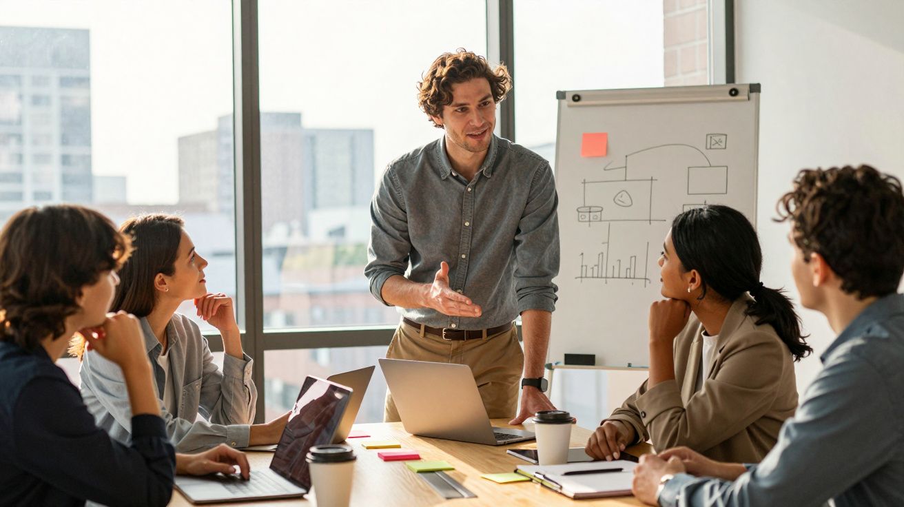 Homem apresenta projeto em reunião de trabalho com quatro pessoas ao redor de mesa com laptops e café.