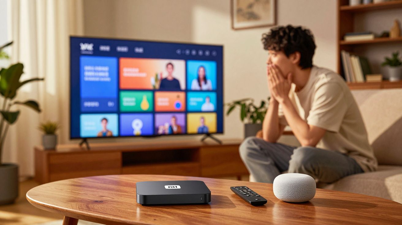 Pessoa sentada no sofá assistindo TV com aparelho Xiaomi, controle remoto e assistente inteligente na mesa.