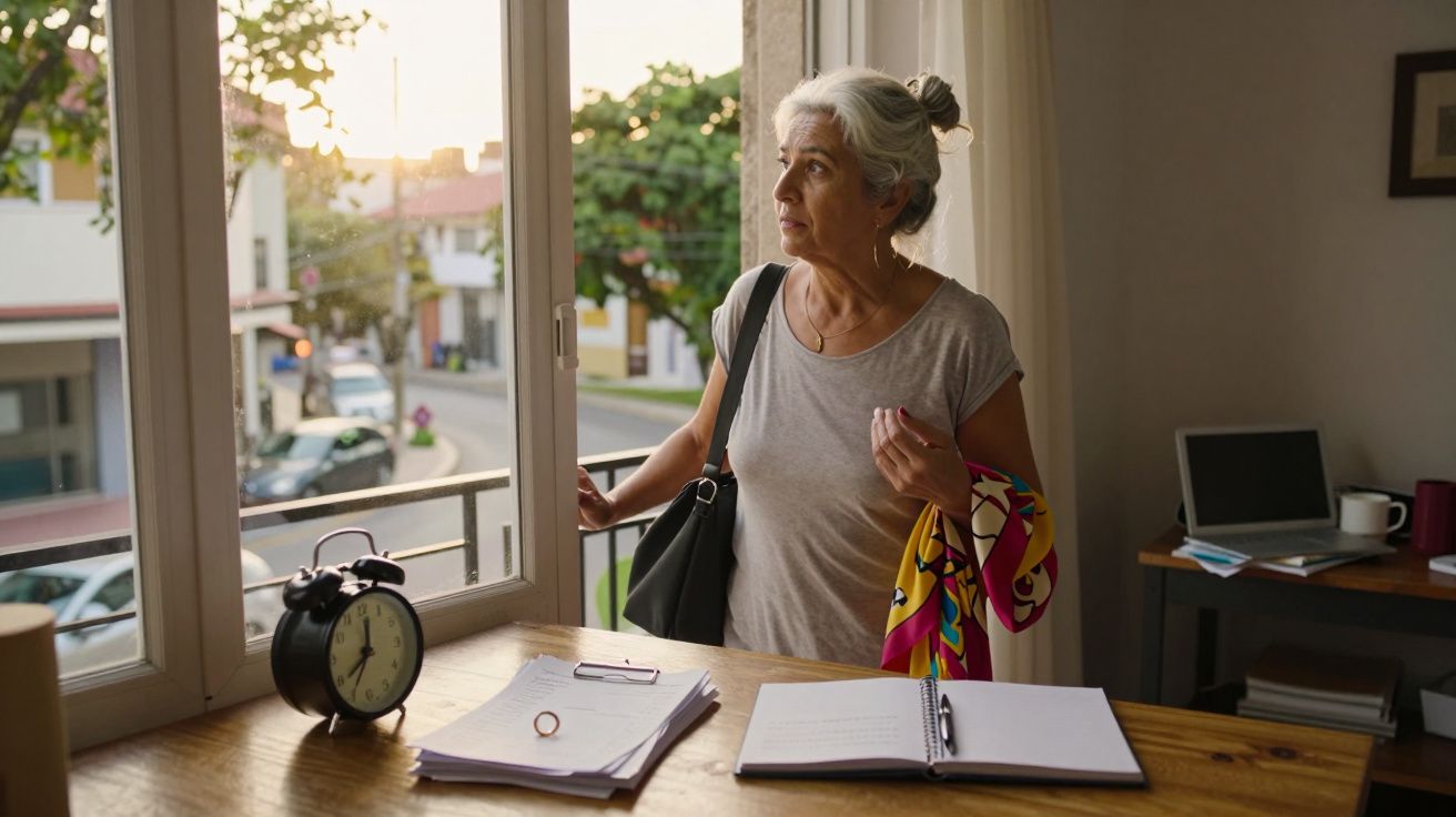 Mulher madura de cabelos grisalhos olhando pela janela, ao lado de uma mesa com livros e relógio.