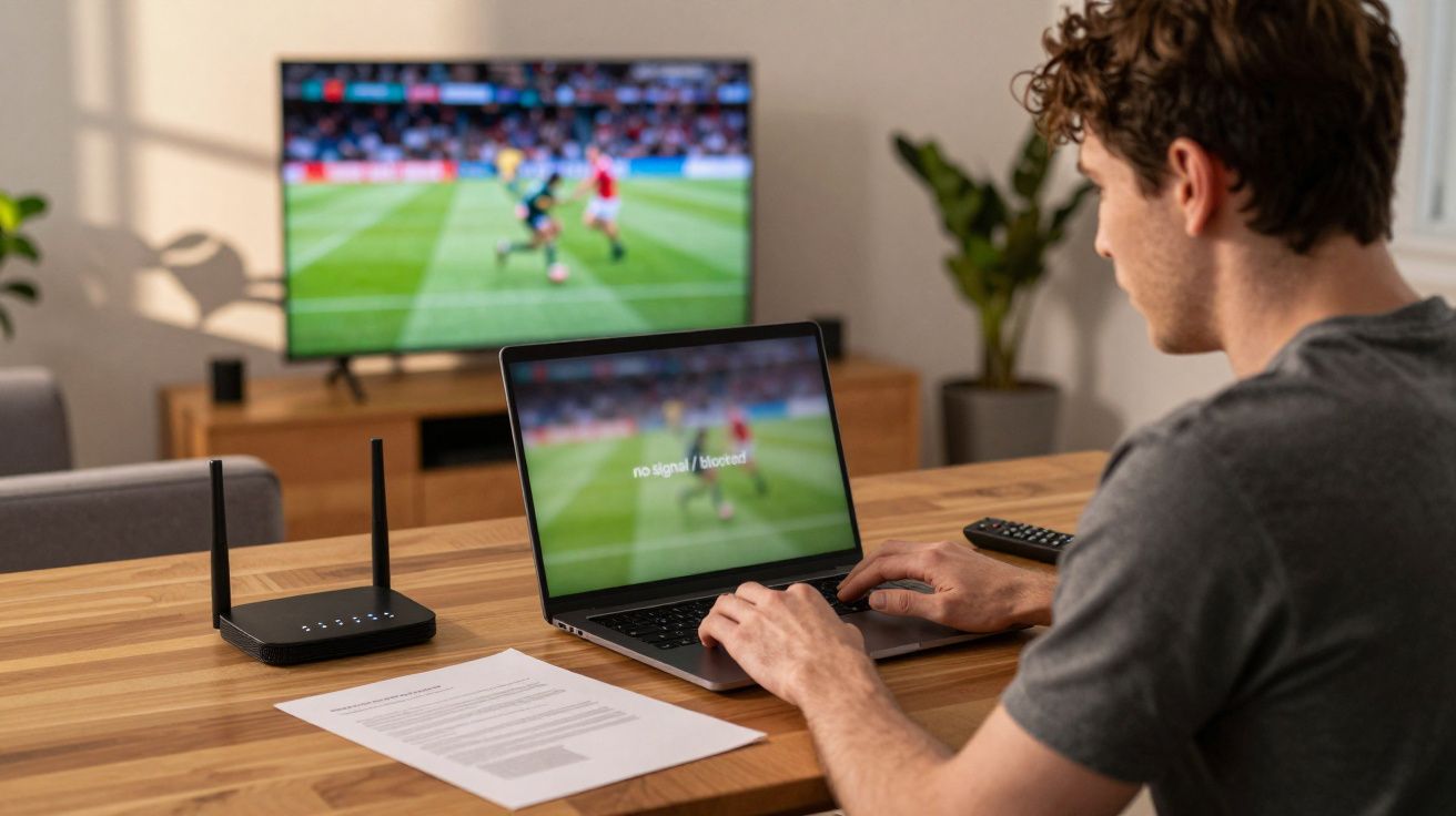 Homem sentado à mesa usando laptop com mensagem "no signal / blocked" enquanto assiste futebol na TV.
