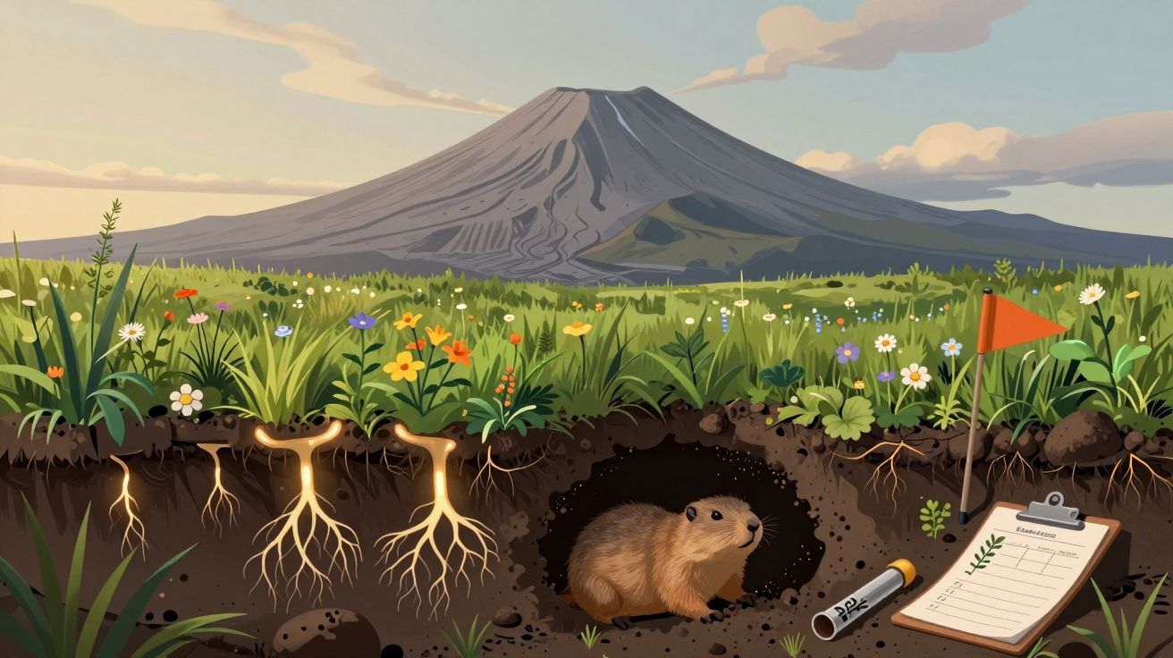 Ilustração de um campo florido com marmota em toca, raízes expostas, bandeira e prancheta para estudo botânico.