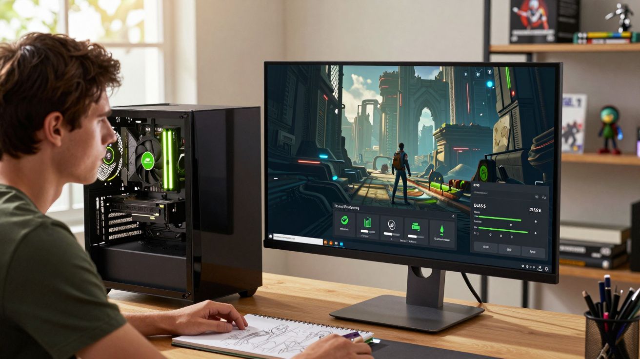 Jovem sentado à mesa jogando em computador desktop com gabinete aberto e tela mostrando jogo futurista.