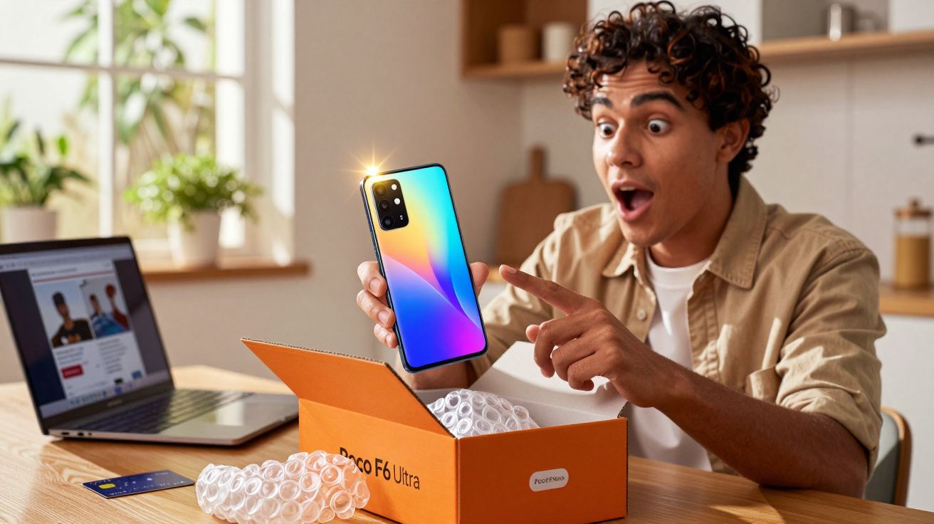 Homem surpreso segurando celular colorido recém retirado da caixa em mesa de madeira.