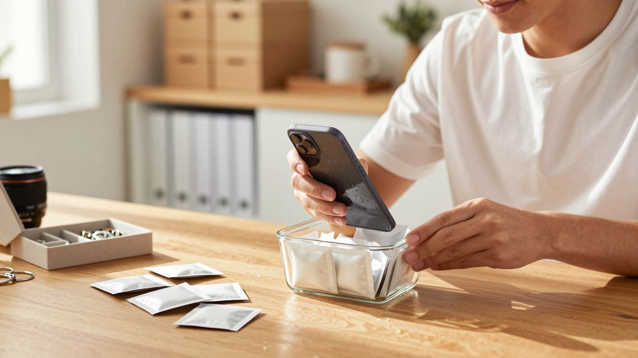 Pessoa usando smartphone para escanear sachê de produto dentro de recipiente de vidro em mesa de madeira.