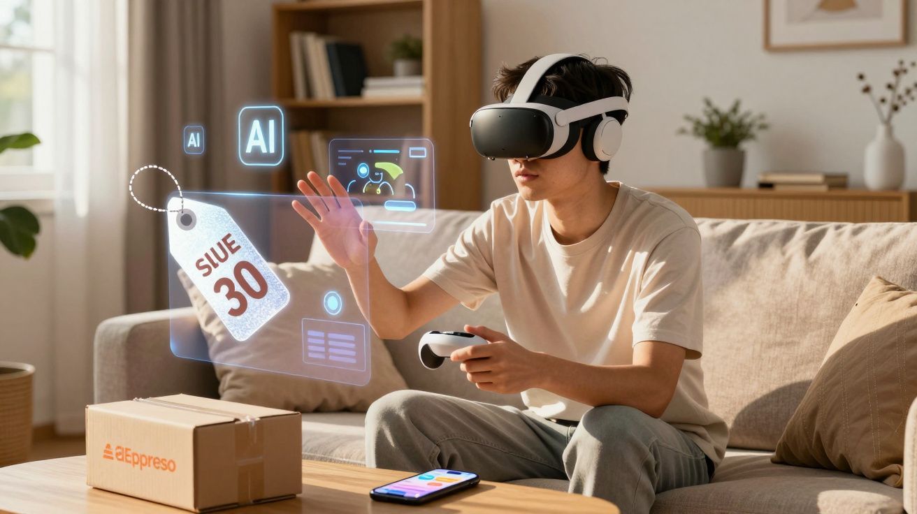 Jovem usando óculos de realidade virtual interage com holograma em sala de estar moderna.