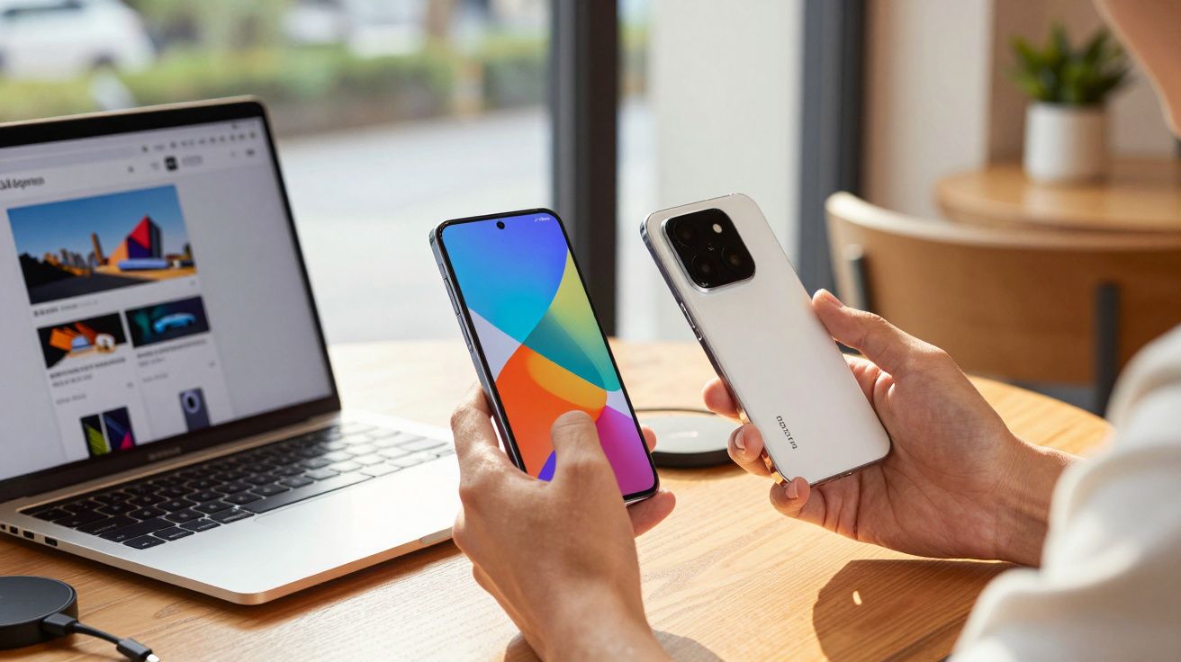 Pessoa segurando dois smartphones Xiaomi em frente a um notebook em uma mesa de madeira.