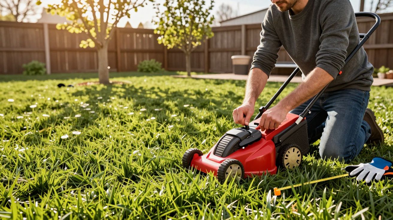 Homem ajustando cortador de grama vermelho em jardim com grama alta e luvas ao lado.