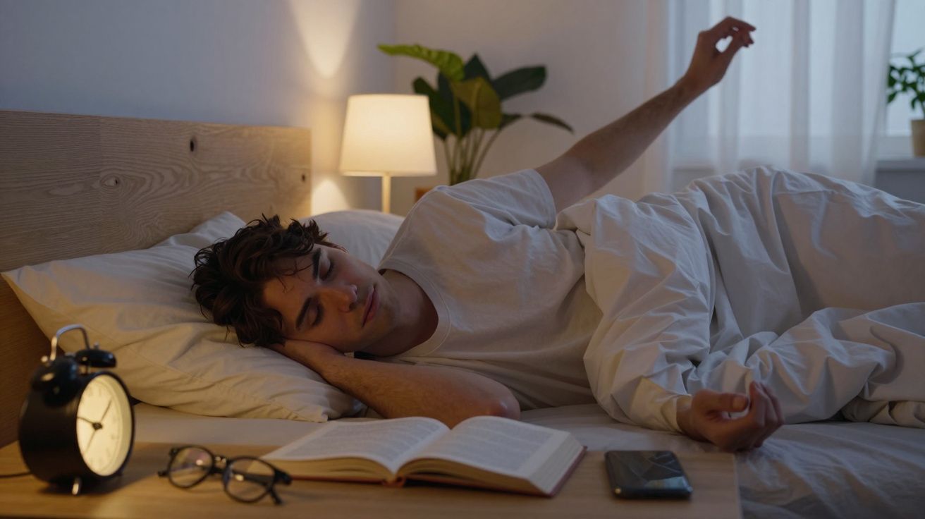 Homem dormindo na cama ao lado de luminária, livro aberto, relógio e celular em quarto iluminado.