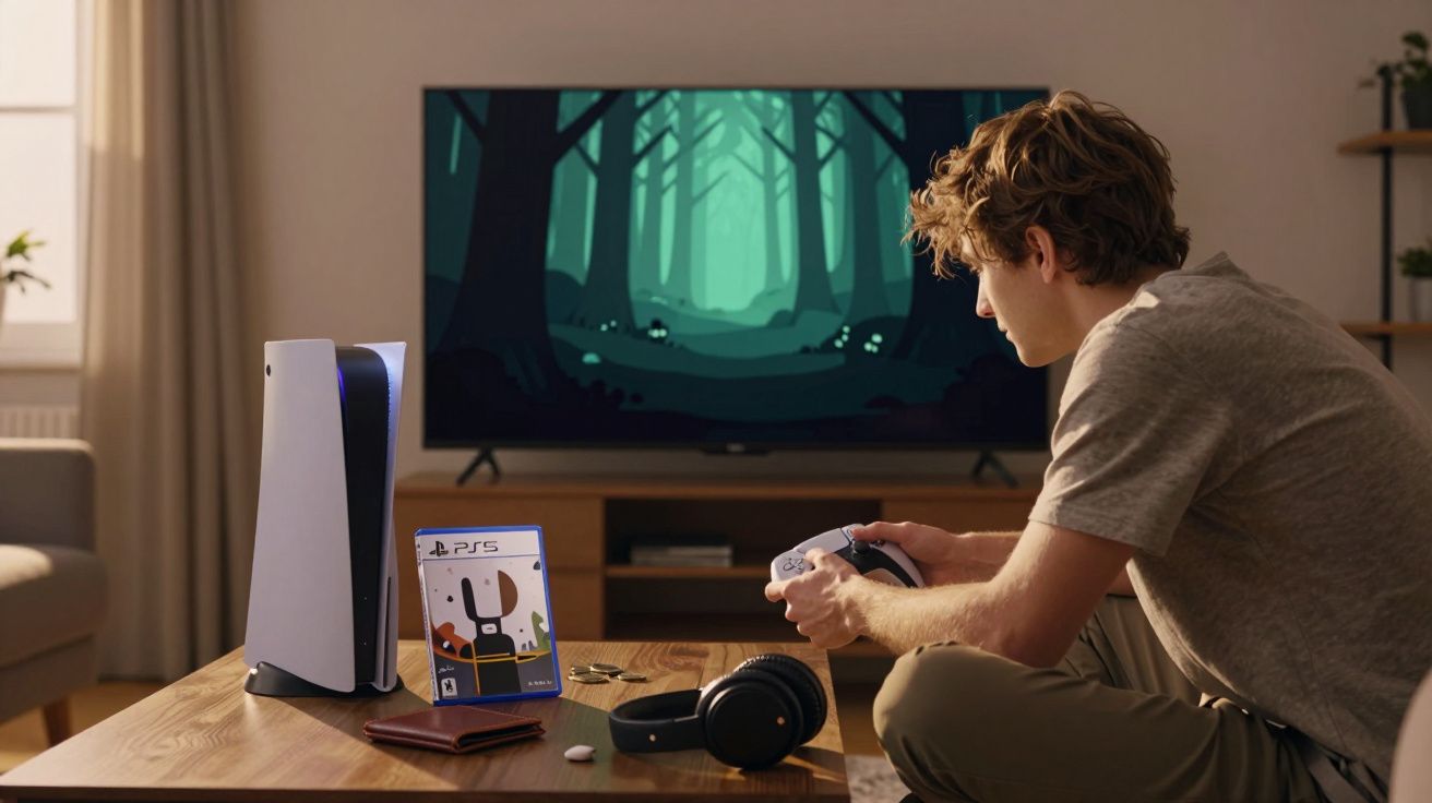 Jovem jogando videogame no sofá com controle em mãos e televisão exibindo jogo de floresta.