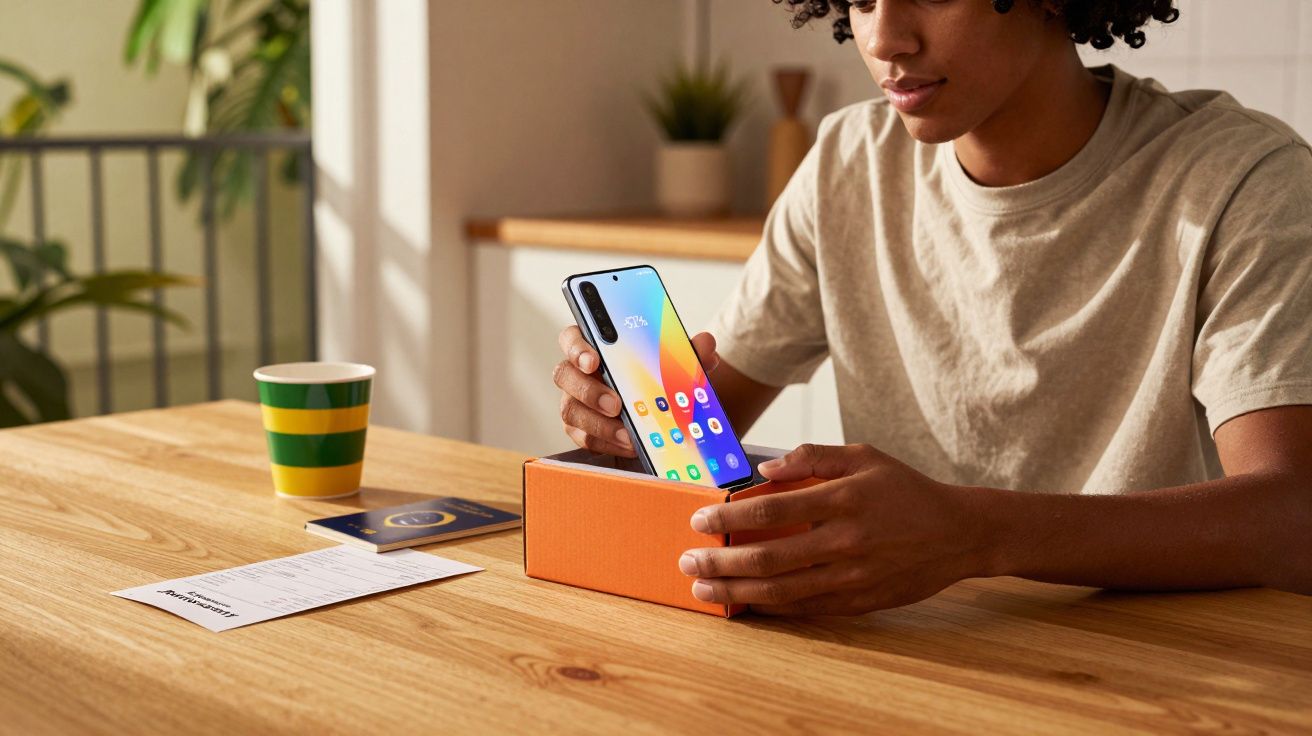 Pessoa segurando smartphone recém retirado da caixa em mesa de madeira com cup e documentos.