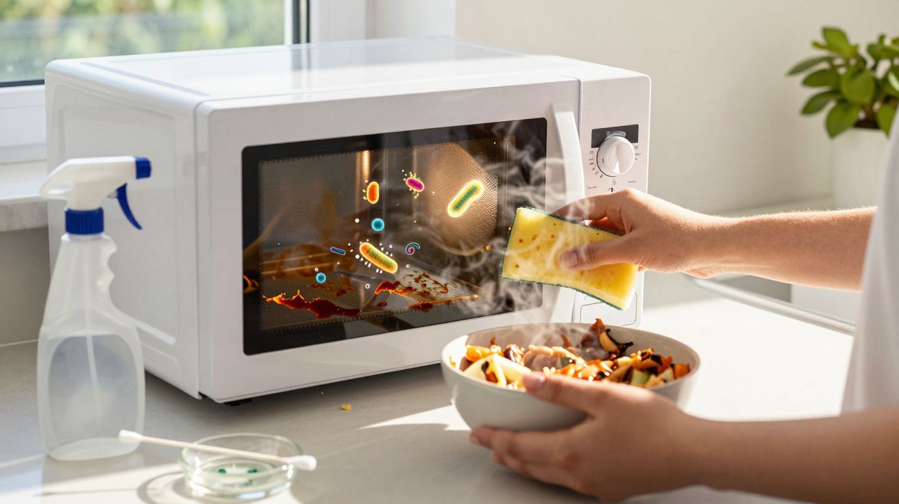 Pessoa limpando forno micro-ondas com esponja enquanto bactérias coloridas são ilustradas na porta do aparelho.