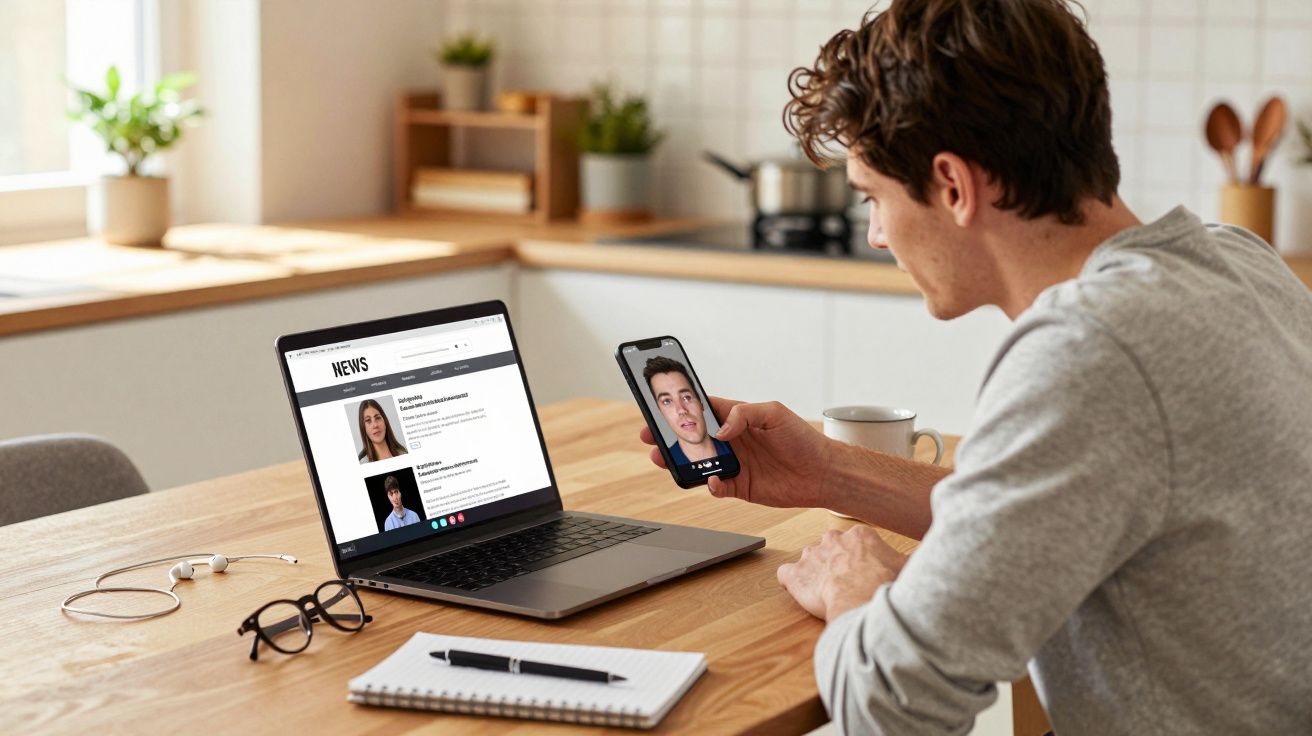 Homem sentado à mesa fazendo videochamada no celular com notebook aberto em notícias à sua frente.