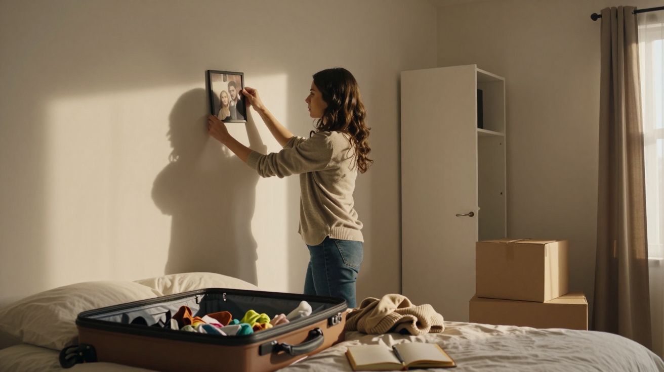 Mulher pendura foto na parede de quarto com mala aberta e caixas empilhadas ao fundo.
