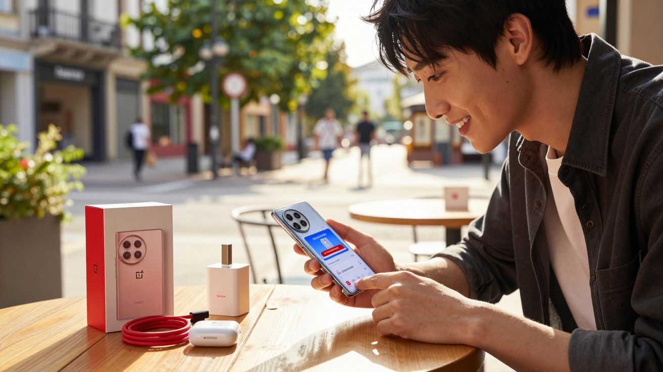 Jovem usando smartphone moderno em mesa ao ar livre com acessórios e embalagem do aparelho ao lado.