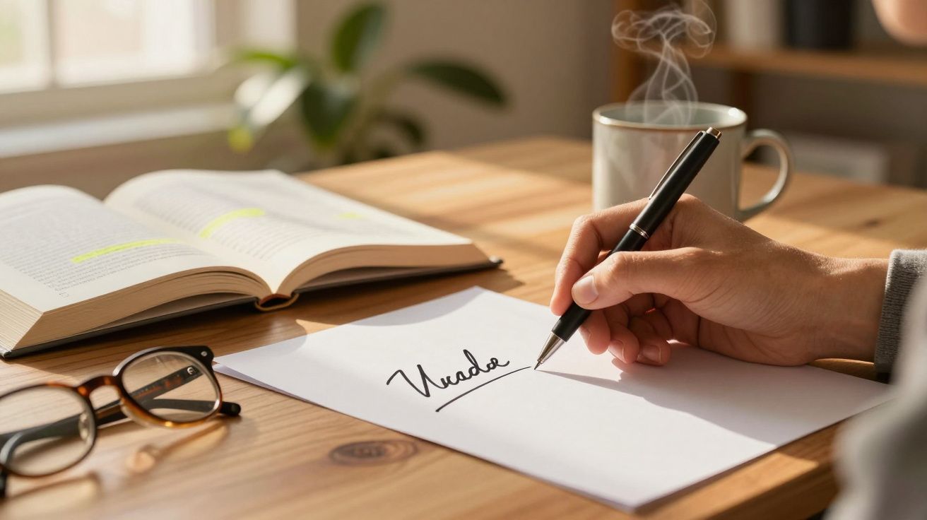 Pessoa escrevendo a palavra "Verdade" em papel, com livro aberto, óculos e xícara de café ao fundo.