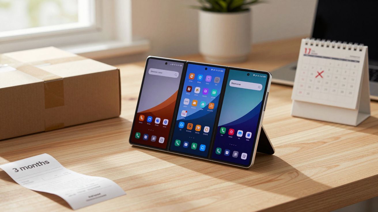 Smartphone dobrável aberto com três telas exibindo aplicativos na mesa de madeira ao lado de caixa, calendário e recibo.