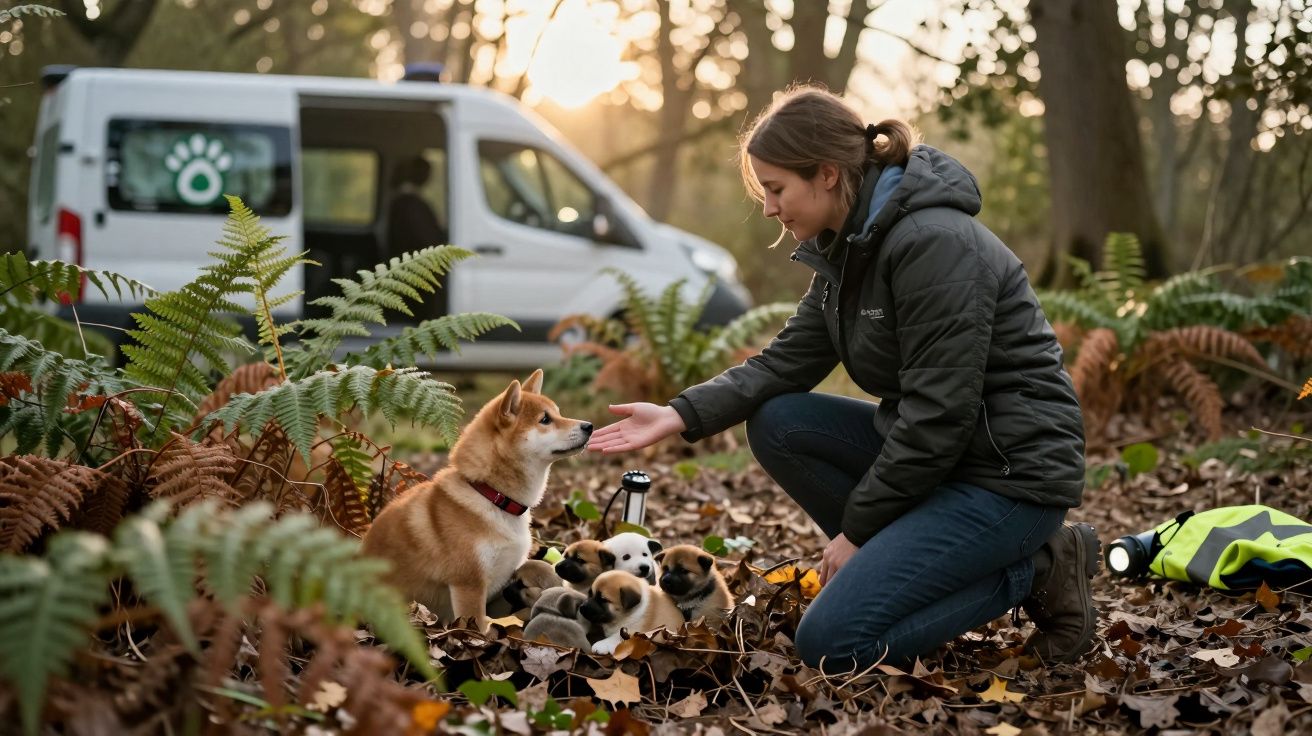 Mulher agachada interage com cachorro adulto e filhotes em área com folhas secas e árvores ao fundo.
