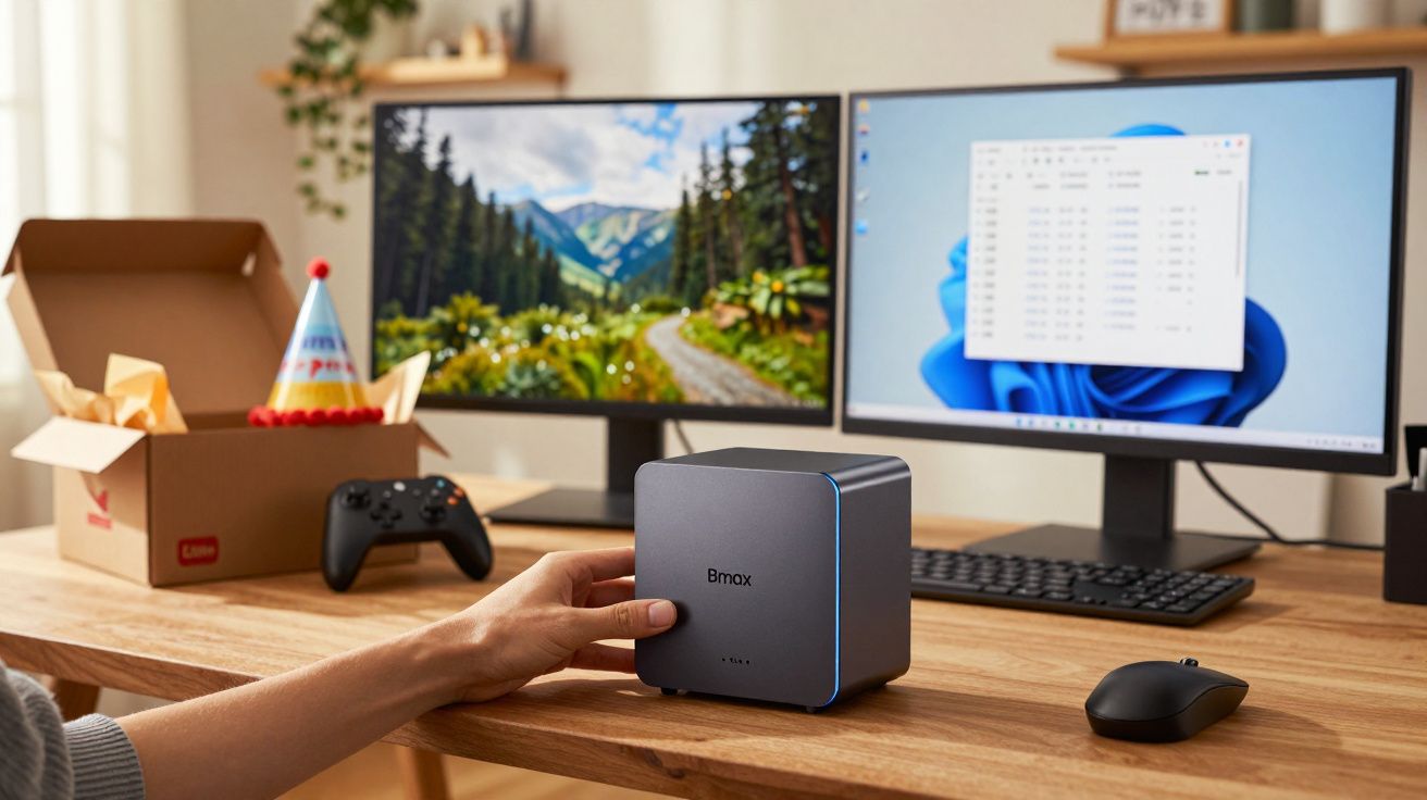 Mão segurando mini PC Bmax em mesa com dois monitores, teclado, mouse, controle e caixa aberta com chapéu de festa.