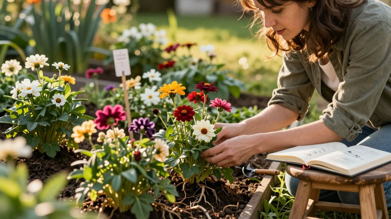 Mulher cuidando de flores coloridas em jardim iluminado pelo sol, com livro aberto ao lado.