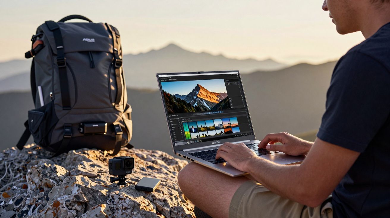 Pessoa editando fotos em notebook ao ar livre sobre rochas, com mochila e câmera em destaque.