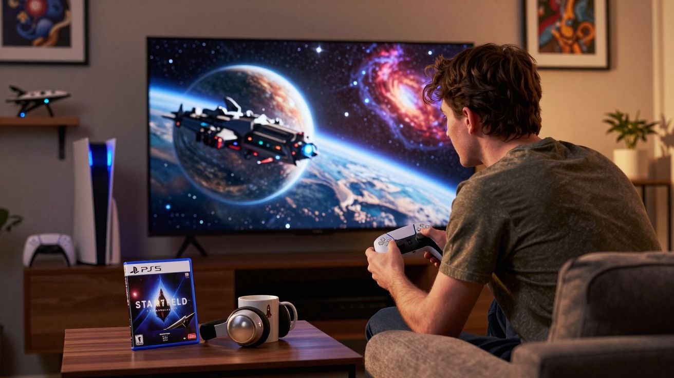 Jovem jogando videogame Starfield no PlayStation 5 com tela de planeta e nave espacial.