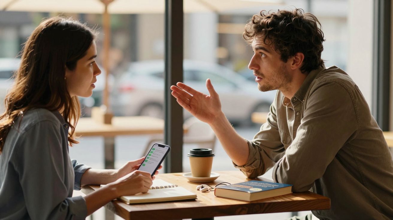 Casal sentado em café, mulher segurando celular e homem gesticulando durante conversa séria.