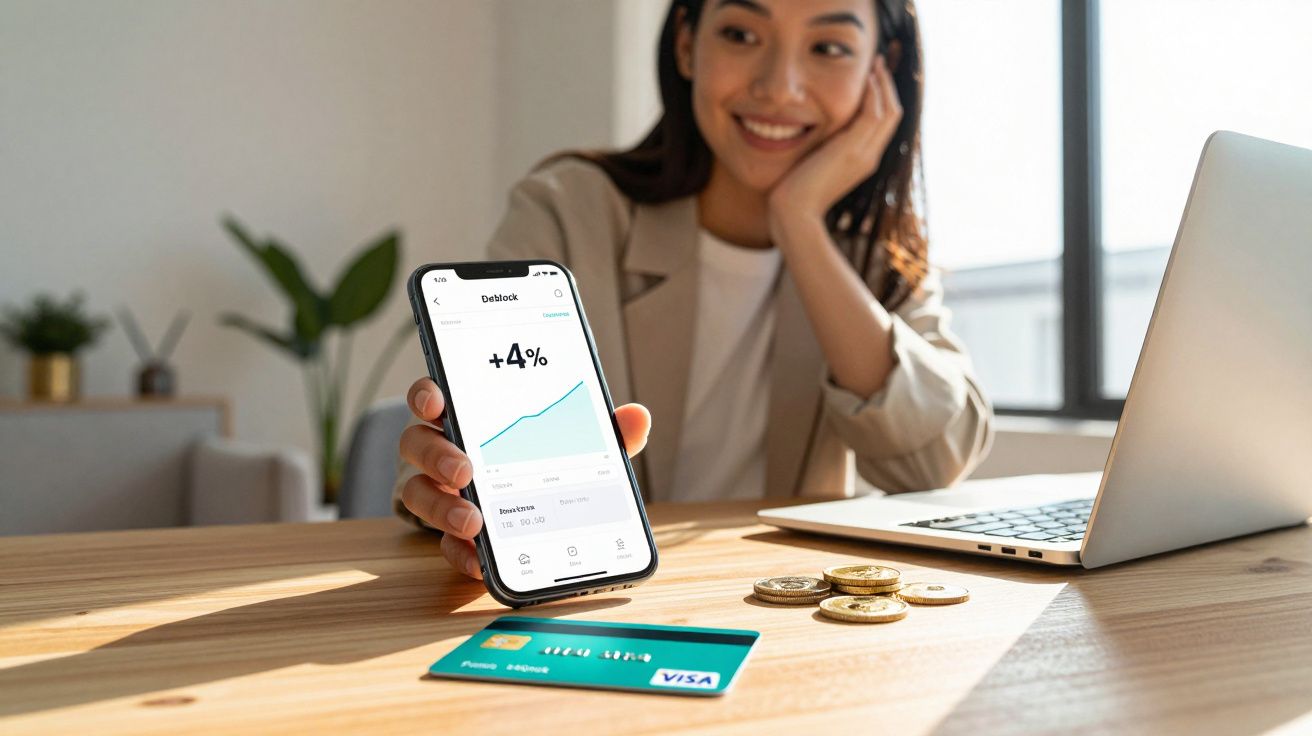 Mulher sorrindo mostra gráfico de crescimento financeiro no celular, com cartão e moedas sobre mesa.