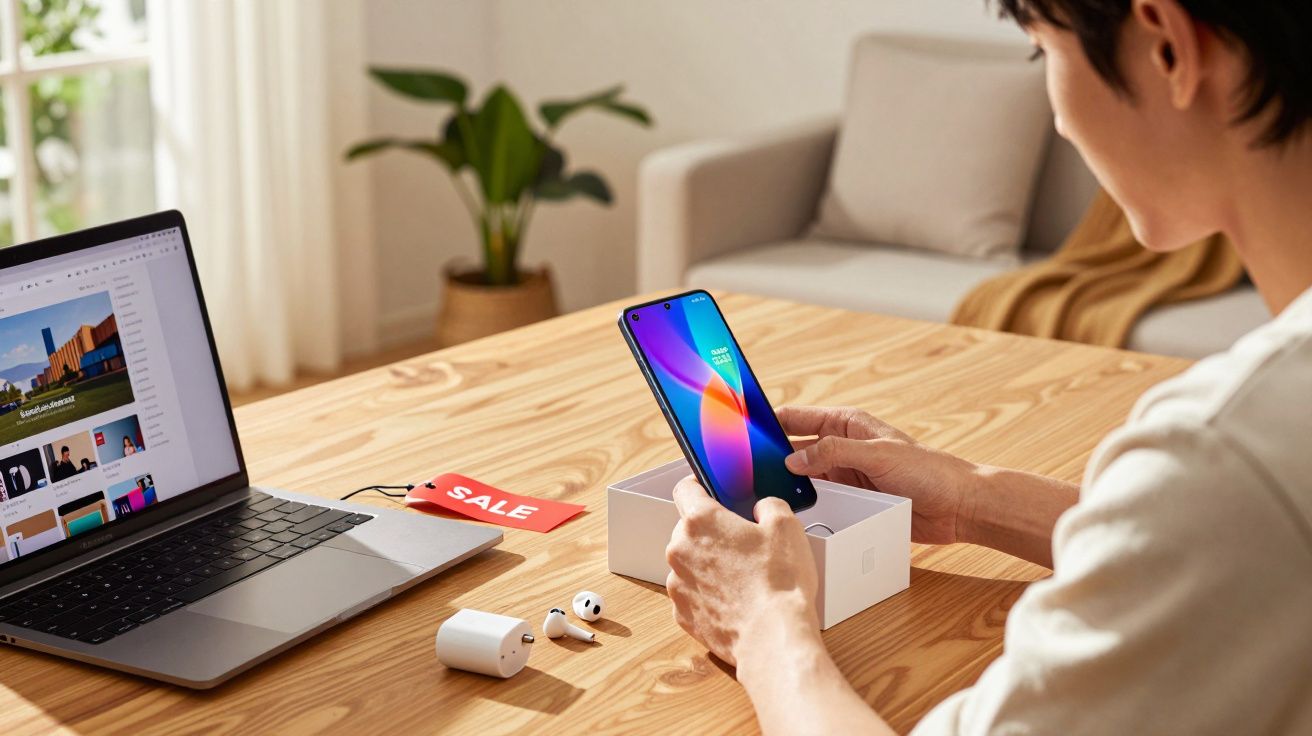 Pessoa segurando smartphone novo sobre mesa com laptop, fone sem fio e etiqueta de promoção.