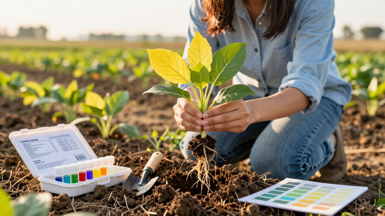 Pessoa fazendo análise do solo e plantando muda em campo com equipamentos de teste ao lado.
